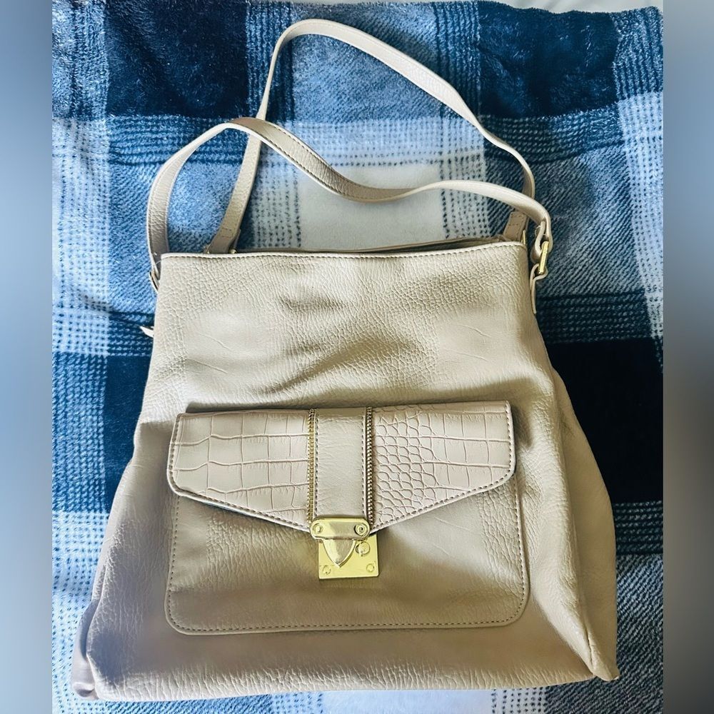 Olivia + Joy Professional White Academia Tan & Gold Accents Roomy Shoulder Bag
